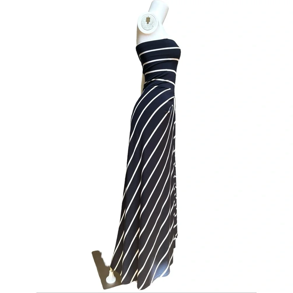 Navy and White Vintage Striped Strapless Maxi A-line Dress, S - Picture 2 of 7